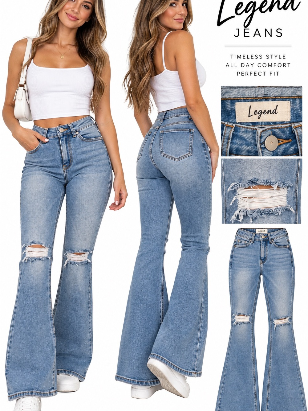 High-Rise Distressed Flare Jeans in Light Blue